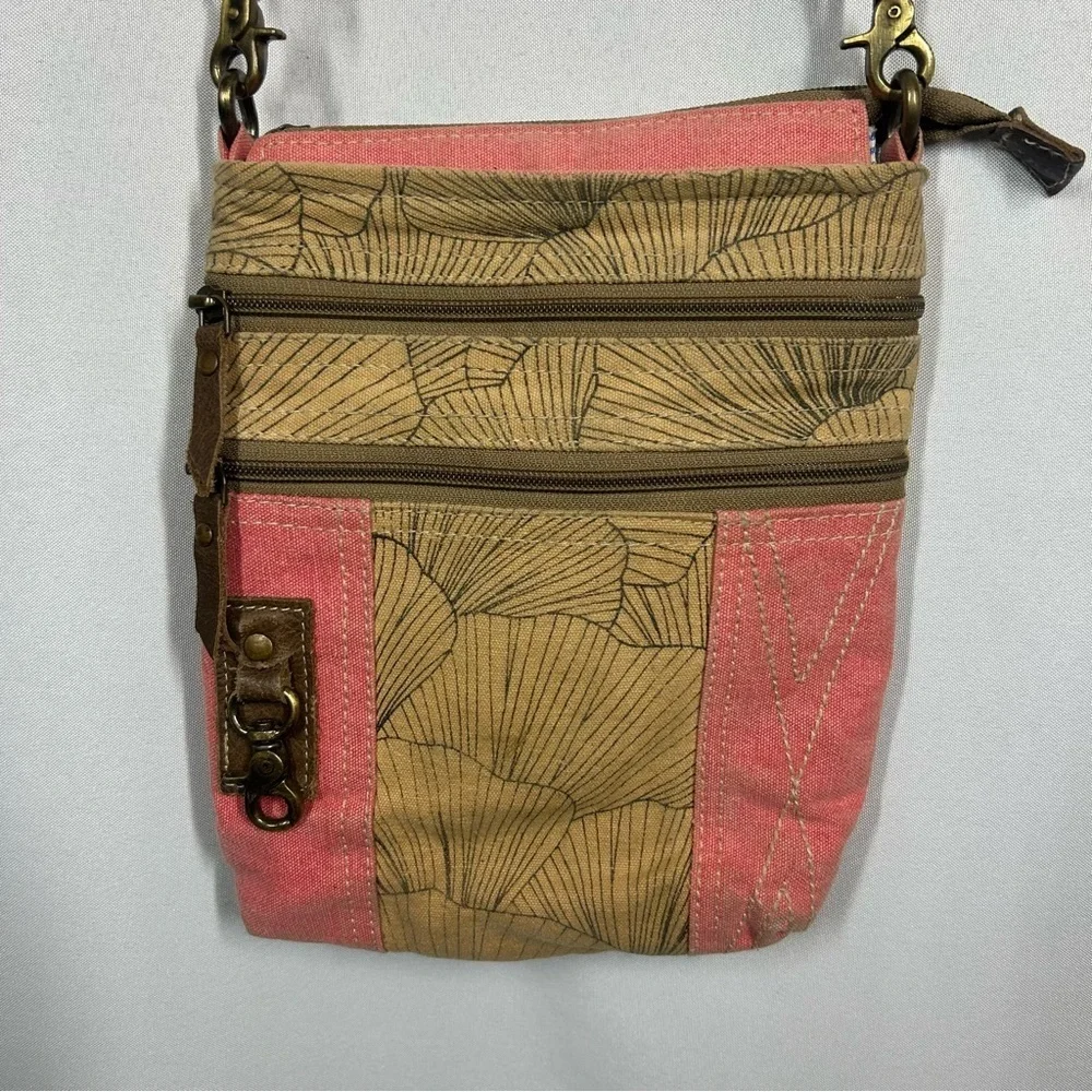 Canvas Crossbody Purse Pink Floral Handbag Tan Zipper Boho
